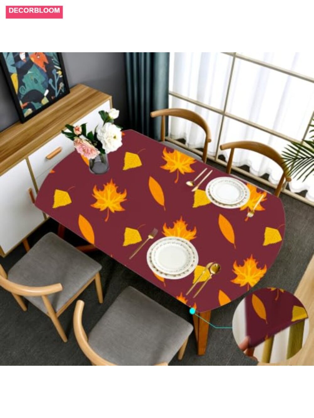 Fall Amber Leaves Oval Fitted Elastic Tablecloth 48x72 Inch